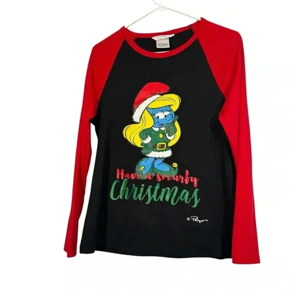 The Smurfs Have A Smurfy Christmas Xmas Woman's Medium Smurfette Black Red Shirt - Picture 1 of 12